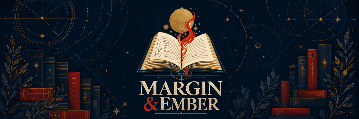 Margin & Ember bookstore hero banner with an open book and ember flame